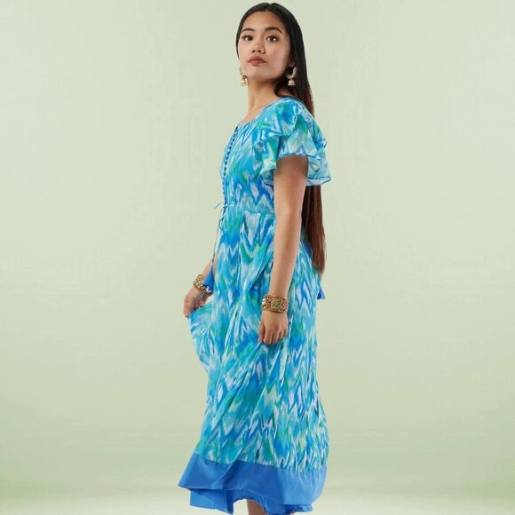Blue Printed Chiffon Knee-Length Dress | Muvvas Boutique - Picture 5 of 6